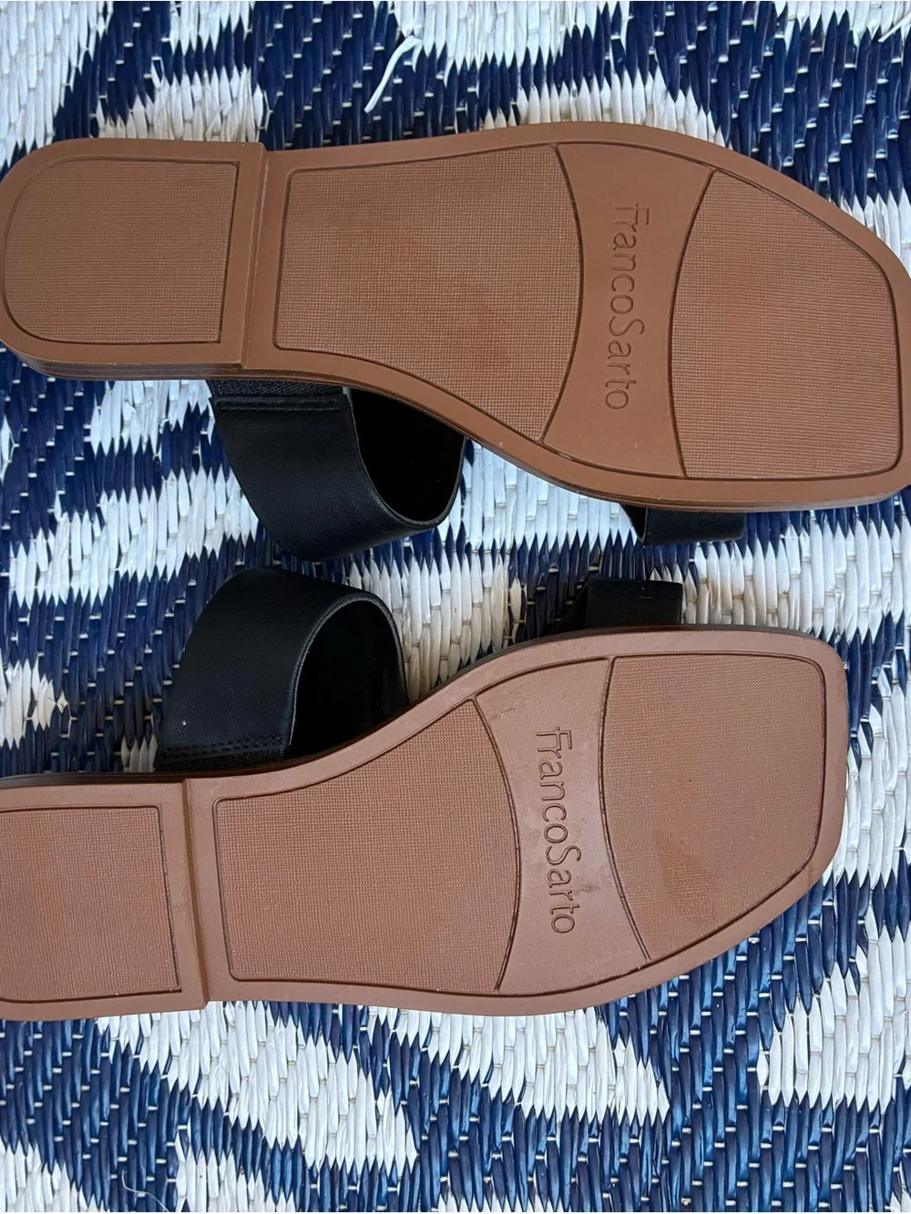 Franco Sarto Black Slide Sandals with Tan Trim